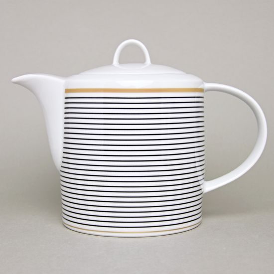 Tea / Coffee Pot 1,3 l, ELLA Black-Gold Stripes, Thun 1794 Carlsbad Porcelain