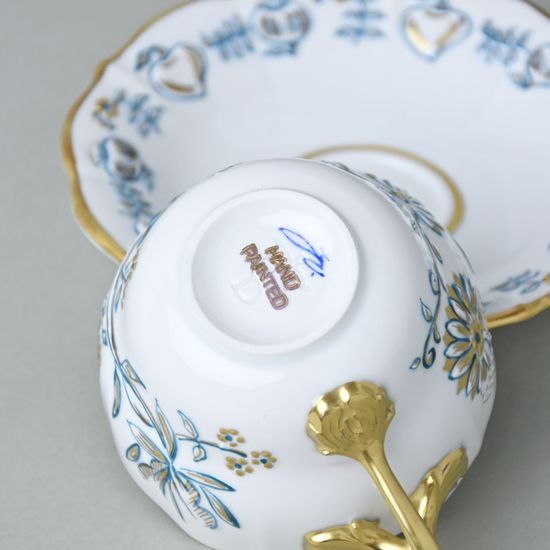 Elegance: Cup 0,21 l + saucer 16 cm, Gold + Petrol blue, Hand-decorated by Vilém Janoušek, Český porcelán a.s