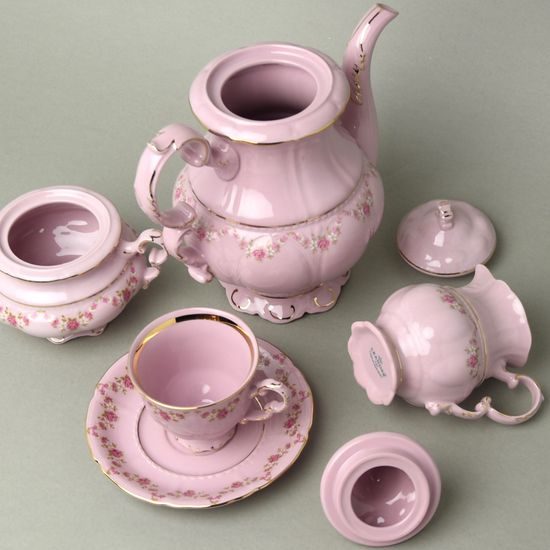 Kávová sada pro 6 osob, Sonáta, dekor 158, Leander, růžový porcelán