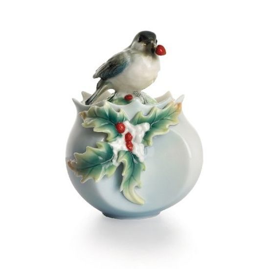 Winter wonderland chickadee design sculptured porcelain sugar jar 10 cm, FRANZ Porcelain