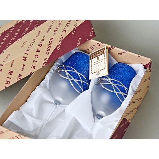 Studio Miracle: Sklenice na víno 2 ks, Modrá + cín, 250 ml, ruční dekorace Vlasta Voborníková