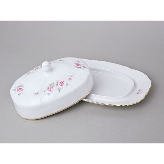 Gold line: Butter dish 250 g, Thun 1794 Carlsbad porcelain, BERNADOTTE roses