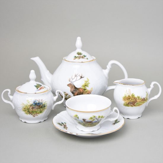 Tea set for 6 persons, Thun 1794 Carlsbad porcelain, BERNADOTTE hunting