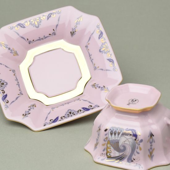 Šálek čajový 150 ml + podšálek 14 cm, Empír, dekor 562 páv, Růžový porcelán z Chodova