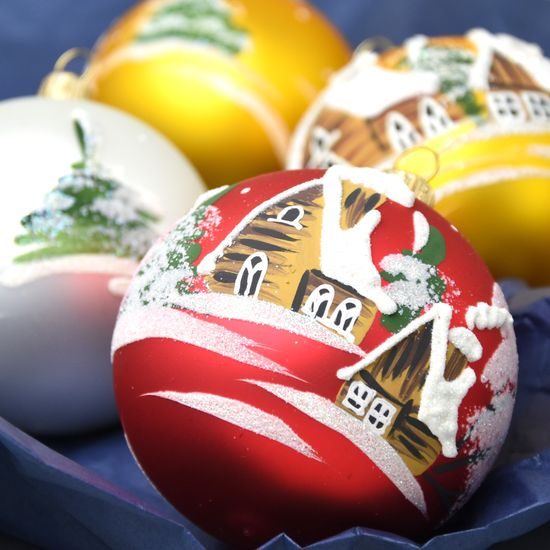 Six pcs. set of Christmas balls decoration 7 cm, Houses - Czech glass