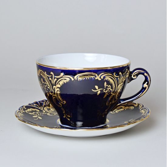 Souprava Šálek 200 ml a podšálek čajový, 2ks. Opera kobaltová modř + zlato, Dárkové balení, Český porcelán a.s. (Royal Dux Bohemia)