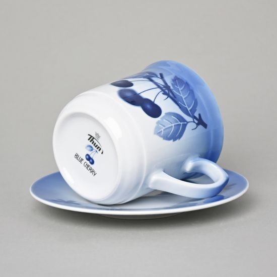 Mug Dan with saucer 0,27 l / 15 cm, Thun 1794 Carlsbad porcelain, BLUE CHERRY