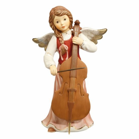 Figurky andělů červené: Anděl s violoncellem 49 cm, kamenina Goebel