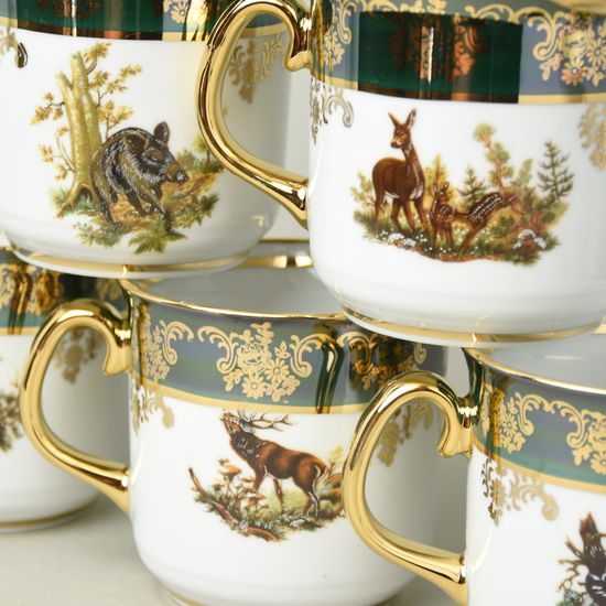 Hrnek Gustav 0,31 l, Myslivecký zelený, 6 ks., zlatý listr, porcelán QueensCrown