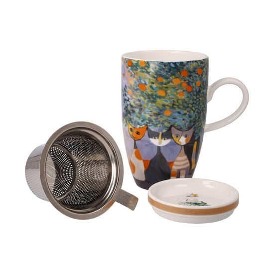 Tea Cup 0,4 l with Lid and Strainer R. Wachtmeister - Tempi Felici, 11,5 / 8 / 14 cm, Fine Bone China, Cats Goebel