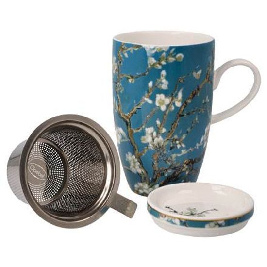 Tea Cup 0,4 l with Lid and Strainer V. van Gogh - Almond Tree Blue, 11.5 / 8 / 14 cm, Fine Bone China, Goebel