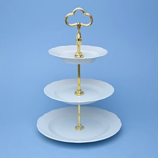 Etažer třídílný - talíře plné / zlacená tyčka, Bílý porcelán, Český porcelán a.s.