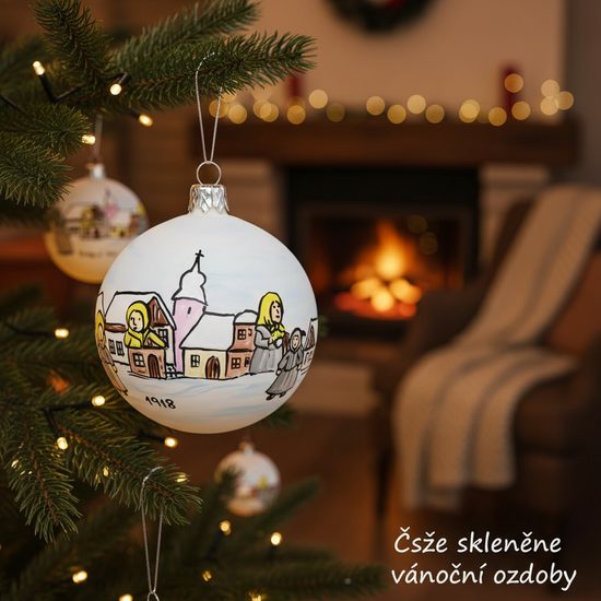 Vánoční skleněná koule na stromeček "Česká zima 1918", dekor č. 5, 7,5 cm, ručně malováno