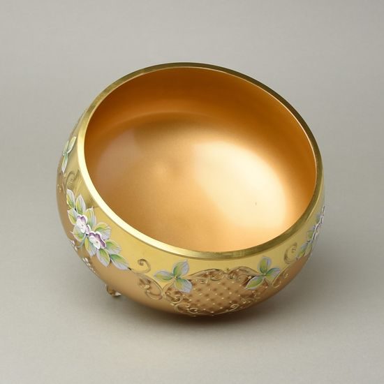 Bowl footed 20 x 11 cm, gold + enamel flowers, Bohemia