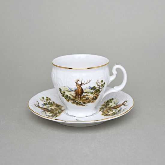 Cup and saucer 150 ml / 14 cm, Thun 1794 Carlsbad porcelain, BERNADOTTE hunting