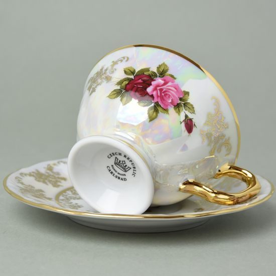 Cup tea 200 ml and saucer, Cecily (Roses) + gold, Carlsbad