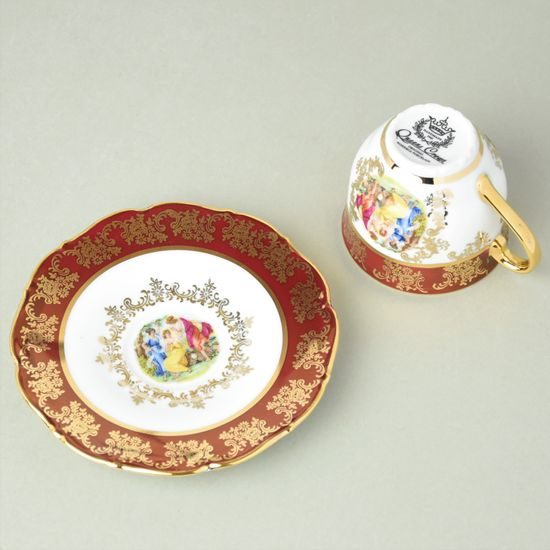 Šálek 80 ml mokka a podšálek 12 cm, Tři Grácie, zlatý listr + rubín, Queens Crown porcelán