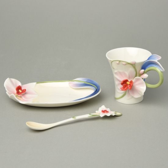 Šálek a podšálek + lžička 16.2 x 9.2 x 8.9 cm, Orchidej, Porcelán FRANZ