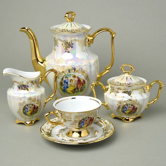 Kávová sada pro 6 osob, MALÉ NÍZKÉ ŠÁLKY, Tři Grácie, zlatý listr, Carlsbad