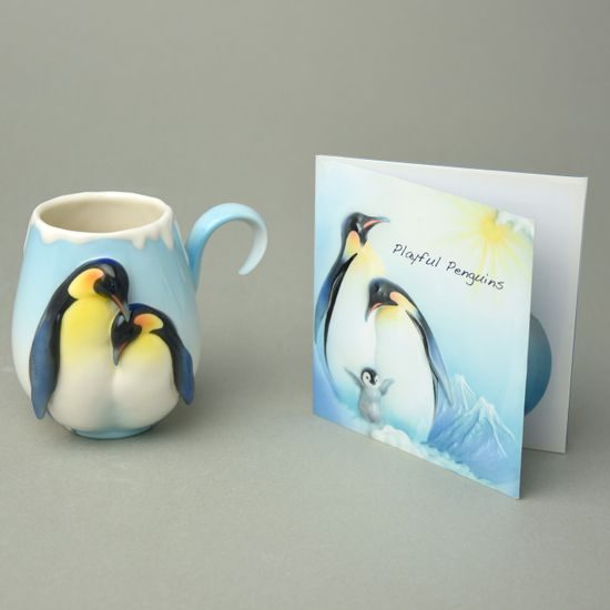 Playful penguins design sculptured porcelain cup and saucer + spoon, FRANZ Porcelain