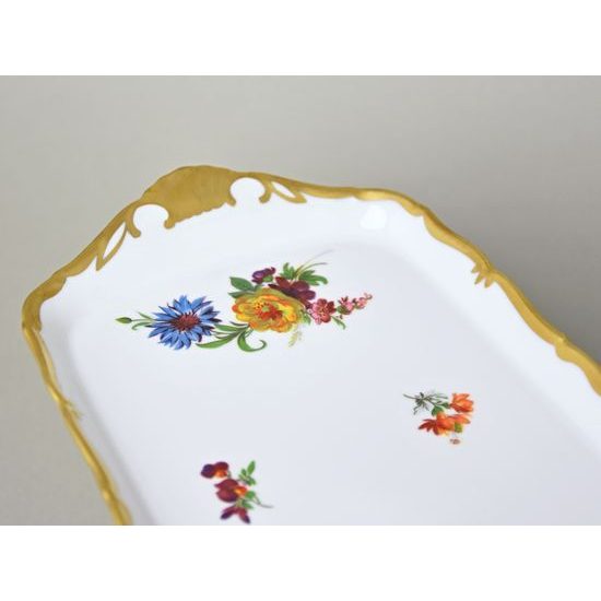 Podnos sandwichový na noze 36 cm, kytičky + matné zlato, QueensCrown porcelán