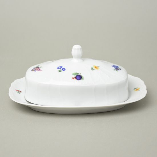 Butter dish for 250 g, Thun 1794 Carlsbad porcelain, BERNADOTTE plums and flowers