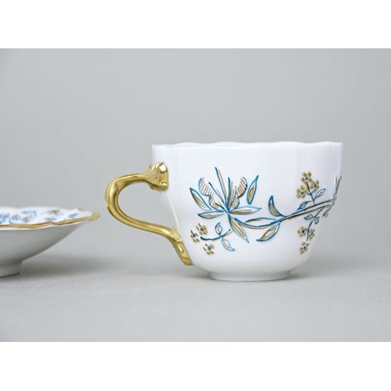 Elegance: Cup 0,21 l + saucer 16 cm, Gold + Petrol blue, Hand-decorated by Vilém Janoušek, Český porcelán a.s