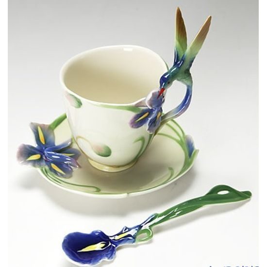 Longtail hummingbird design sculptured porcelain cup and saucer, Porcelain FRANZ