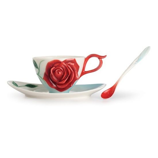 Rose design sculptured porcelain cup and saucer, FRANZ Porcelain