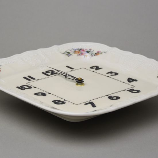 Wall Clock square 26 cm, Thun 1794, karlovarský porcelán, BERNADOTTE ivory + flowers