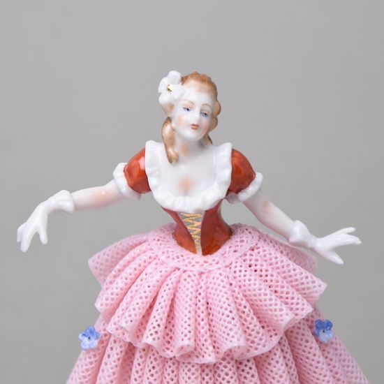 Tanečnice s krajkou 8 x 6 x 12 cm, Kurt Steiner, růžová sukně, Porcelánové figurky Unterweissbacher
