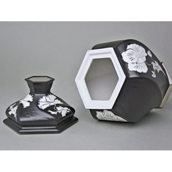 Dóza / Urna šestihran 20 x 14,5 x 13 cm , Černý fond + platina 2, Porcelán Duchcov