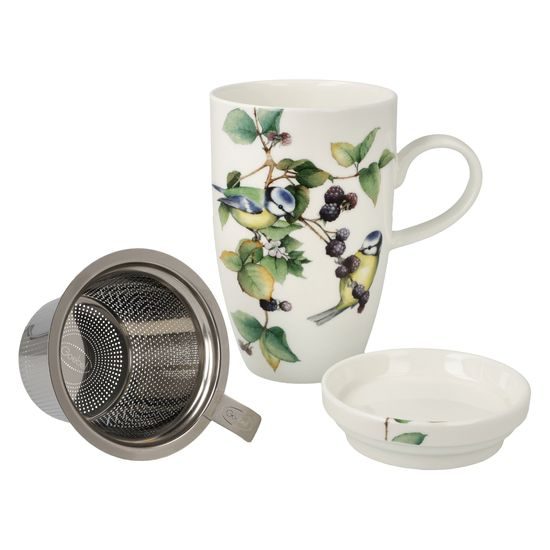 Hrnek s víčkem a sýtkem sýkorka modřinka 450 ml, jemný kostní porcelán a kov, Goebel