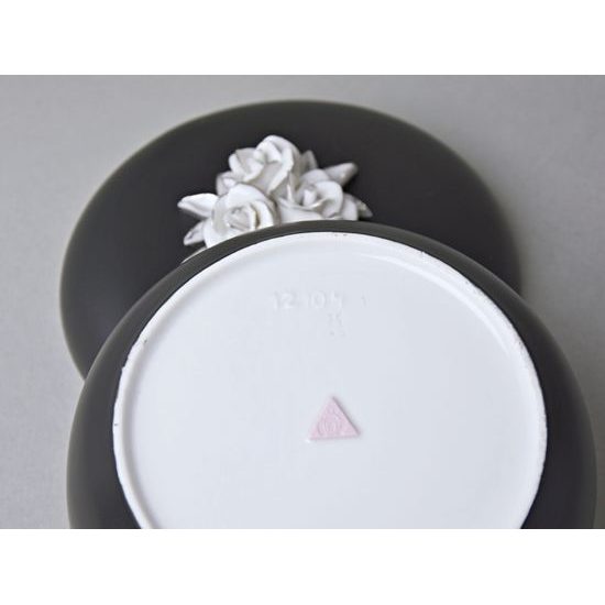 Dóza kulatá s růžemi 13,7 x 7,5 cm, Černý fond + Platina, Porcelán Duchcov