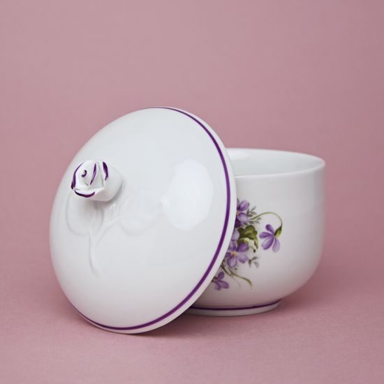 Cukřenka bez oušek s víčkem bez výřezu, 0,30 l, fialky, Český porcelán a.s.