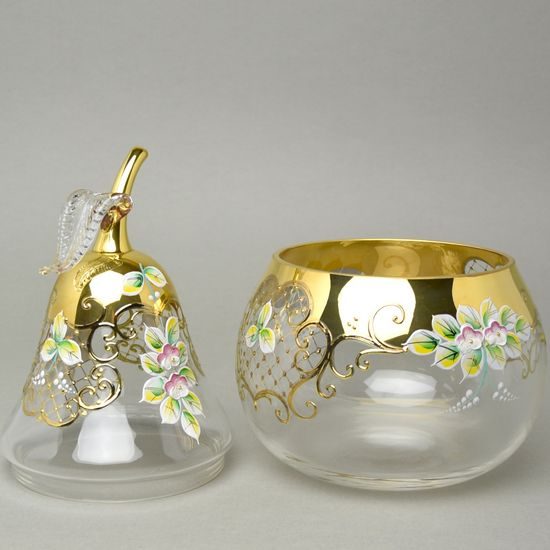 Křišťálová dóza "Hruška" kulatá, v. 28 cm velká, zlato + smalt, Bohemia