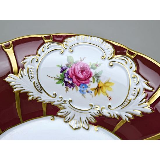 Mísa Baroko 30 cm na noze kytice, Purpur + květiny, Royal Dux Bohemia