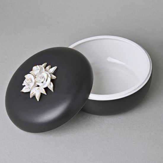 Dóza kulatá s růžemi 13,7 x 7,5 cm, Černý fond + Zlato, Porcelán Duchcov