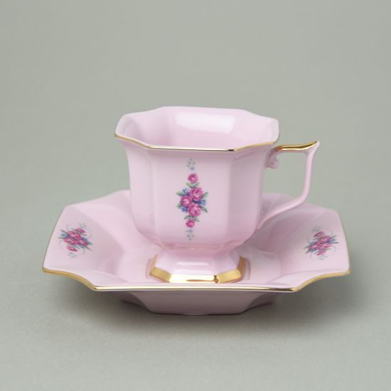 Šálek 130 ml a podšálek kávový 14 cm, Empír 5 růžiček ve sloupci, Růžový porcelán z Chodova