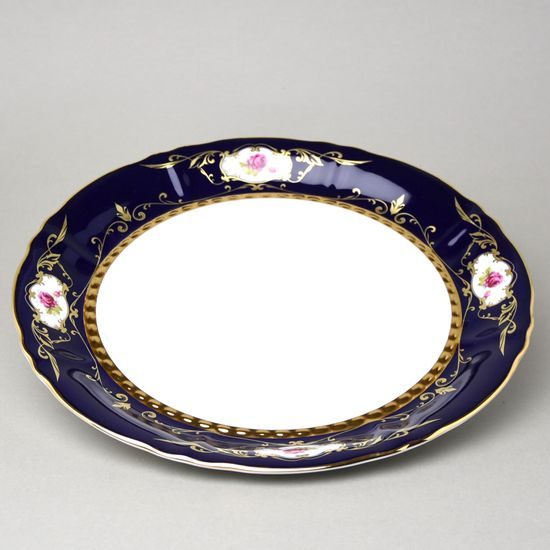 440: Dish round flat 32 cm (club plate), Sonáta, cobalt + roses + gold, Leander Loučky