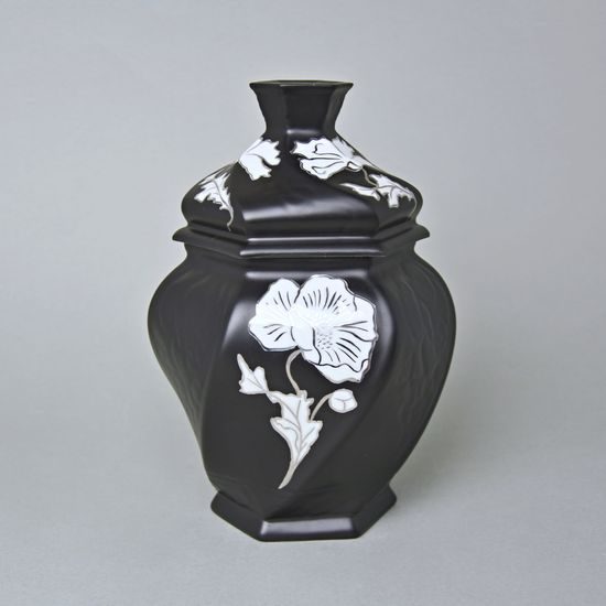 Dóza / Urna šestihran 20 x 14,5 x 13 cm , Černý fond + platina, Porcelán Duchcov