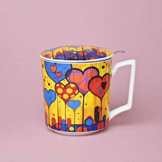 Hrnek 400 ml na čaj / bylinky se sítkem a víčkem, Srdce, porcelán Duo Gifts