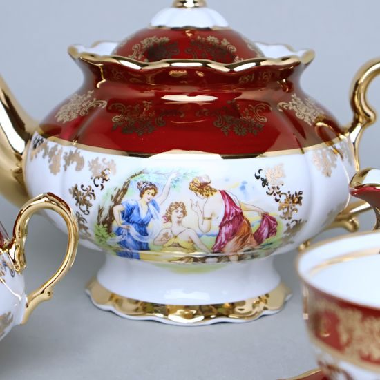 Čajová souprava pro 6 osob, Tři Grácie, zlatý listr + rubín, porcelán QueensCrown