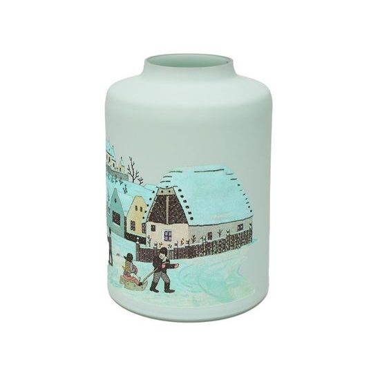 Skleněná váza 18 cm s ilustrací Josefa Lady "Stavíme sněhuláka", Glassor