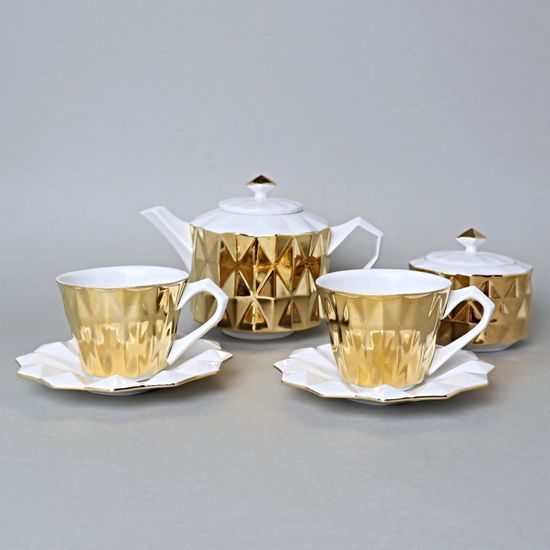 Souprava čajová / kávová s cukřenkou, pro 2 osoby, Diamond Gold, porcelán Goldfinger