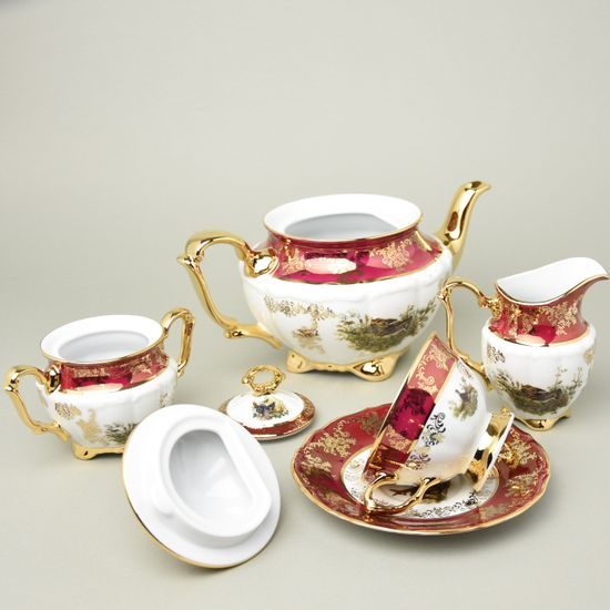 Tea set for 6 pers., hunting - ruby red, Carlsbad porcelain
