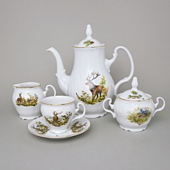 Kávová souprava pro 6 osob, Thun 1794, karlovarský porcelán, BERNADOTTE myslivecká