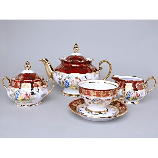 Čajová souprava pro 6 osob, Tři Grácie, zlatý listr + rubín, porcelán QueensCrown