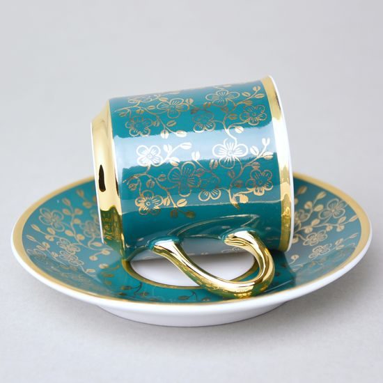 Šálek 100 ml mocca a podšálek 11,5 cm Sabina, vnitřní zlacení, tmavě zelené, Leander Loučky