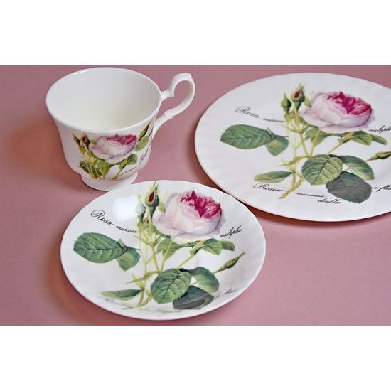Redoute Rose: Trio Set - Tea Cup 220 ml, Saucer breakfast and Dessert Plate, English Fine Bone China, Roy Kirkham